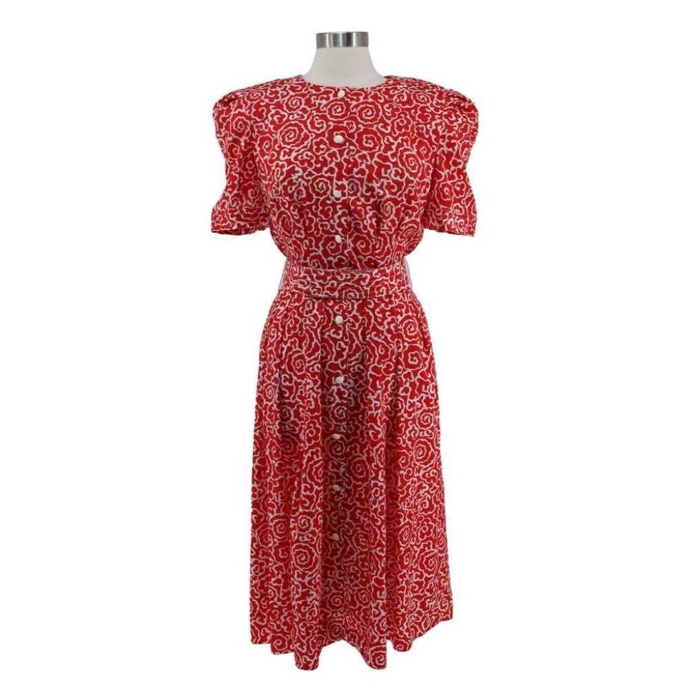 Vintage 80s Red Geometric Print Short Sleeve Belted Button Down Dress Size M
